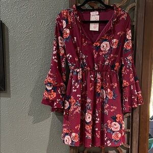 Pink Lily Burgundy Floral Ruffle Sleeve Dress